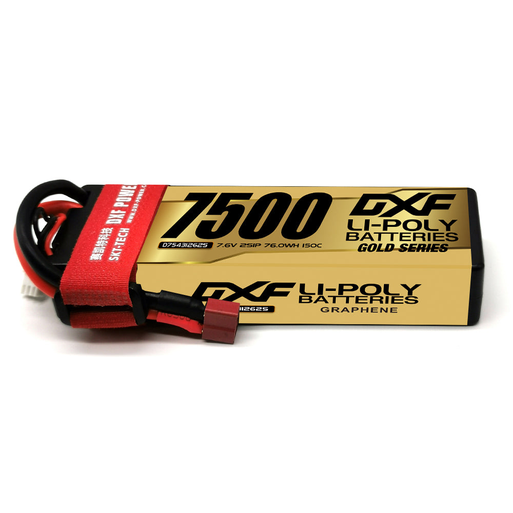 DXF LiPo Battery 2S HV 7.6V 7500mAh 150C Graphene Hardcase Gold with EC5 / T / TRX / XT60 / XT90 / XT150 / Q8s Plug for RC 1/8 1/10 Buggy Truck Car Off-Road Drone