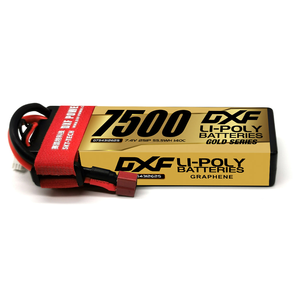 DXF LiPo Battery 2S 7.4V 7500mAh 140C Graphene Hardcase Gold with EC5 / T / TRX / XT60 / XT90 / XT150 / Q8s Plug for RC 1/8 1/10 Buggy Truck Car Off-Road Drone