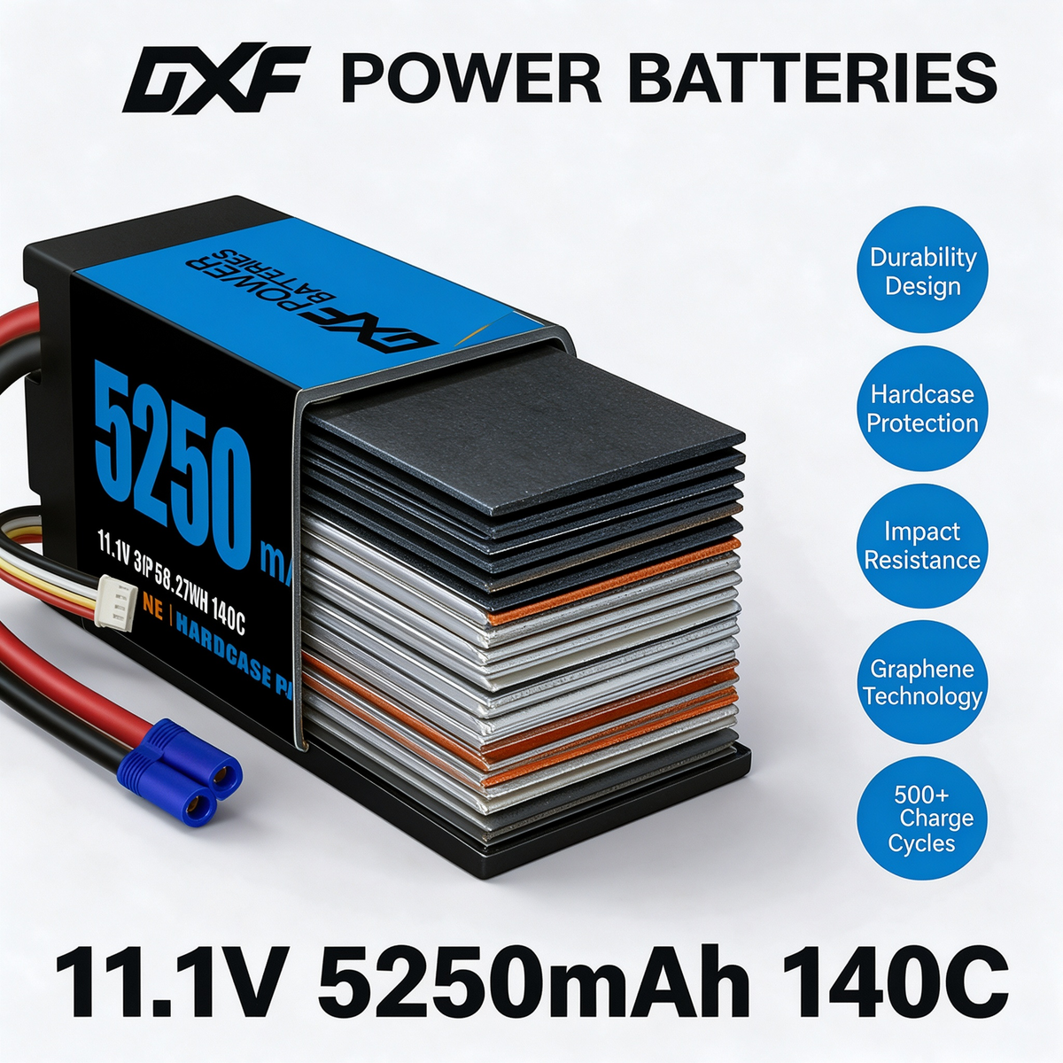 DXF 3S 11.1V 5250mAh 140C Graphene LiPo Hardcase Battery with 10AWG EC5 Plug for 1:8 RC Car Boat Airplane Helicopter Drone (1-6 Pack Available)