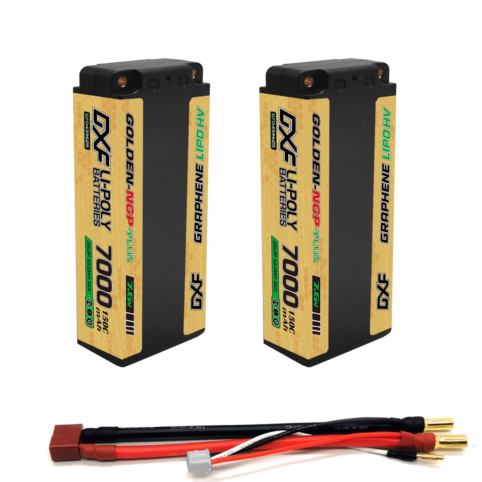 DXF 2S HV 7.6V 7000mAh 150C GOLDEN NGP PLUS Middle-Size Graphene LiPo Hardcase Battery with 12AWG 5mm Bullet to Deans Plug for 1/8 1/10 RC Car Truck Boat Drone (1-6 Pack Available)