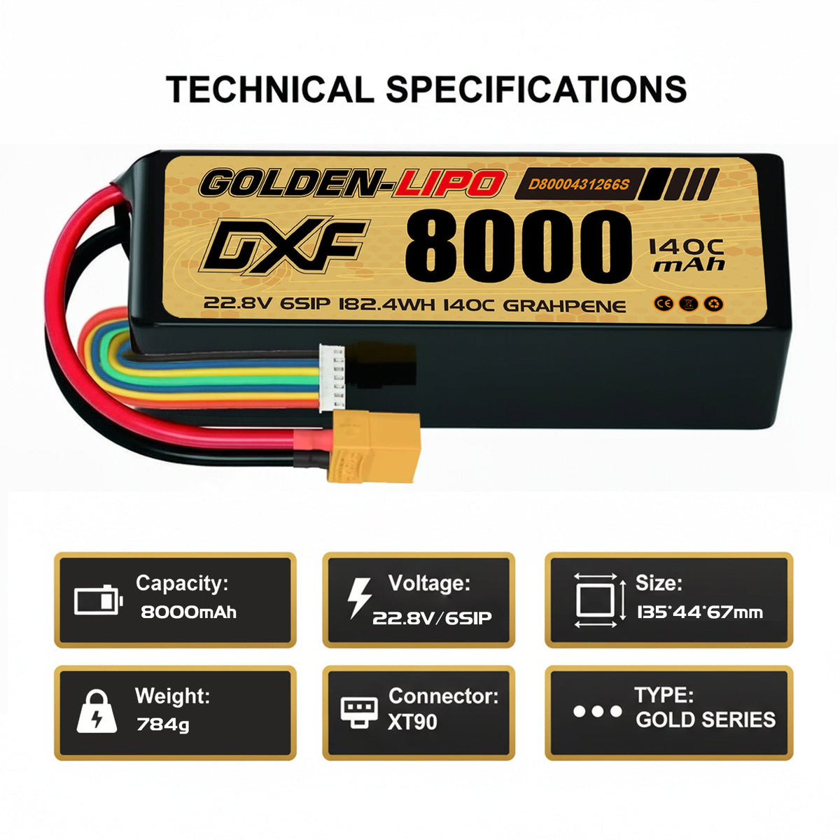 DXF Lipo Battery 6S HV 22.8V 8000mAh 140C GoldSeries Graphene Softcase with EC5 / T / TRX / XT60 / XT90 / XT150 / Q8s | RC Car Boat Drone