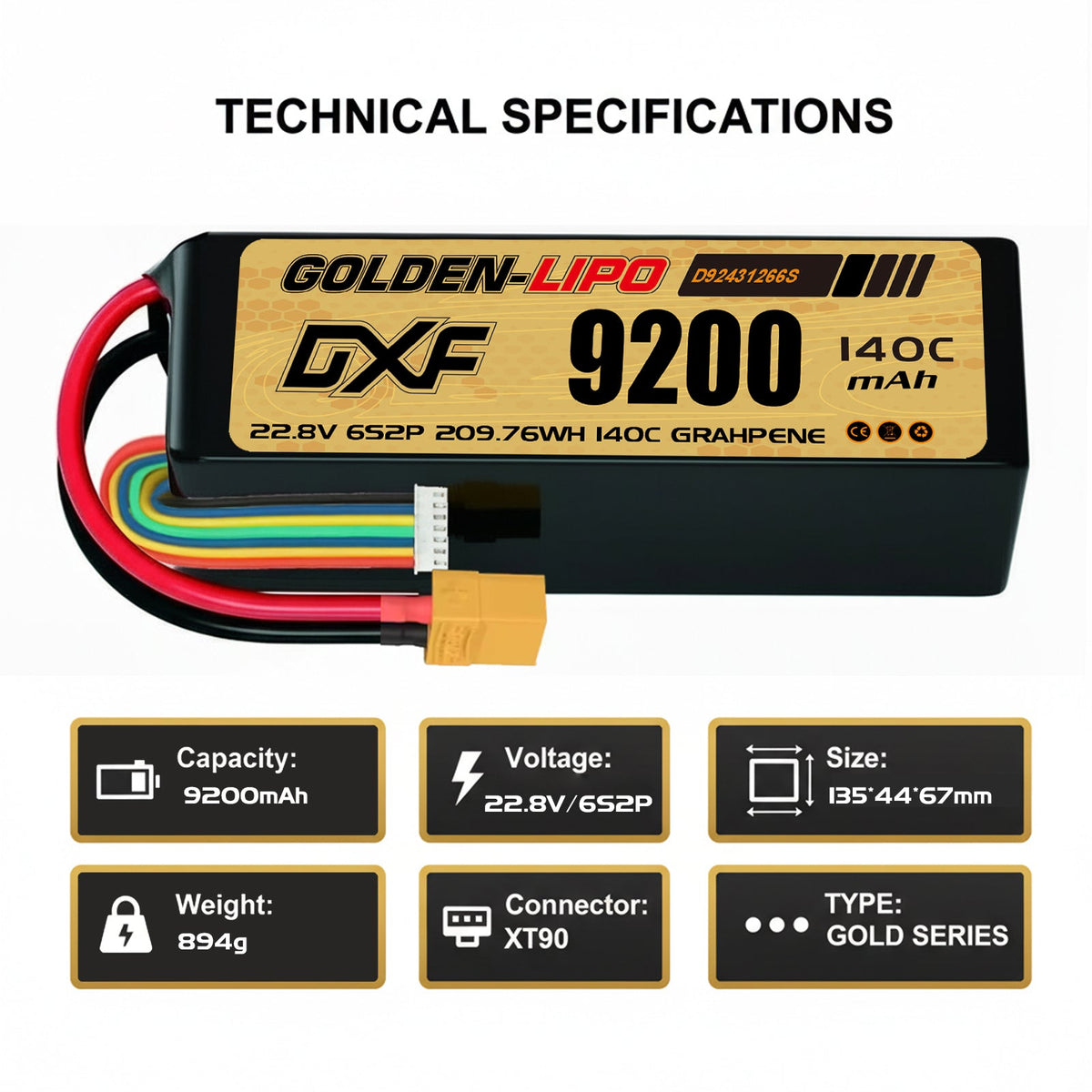 DXF Lipo Battery 6S HV 22.8V 9200mAh 140C GoldSeries Graphene Softcase with EC5 / T / TRX / XT60 / XT90 / XT150 / Q8s Plug for RC 1/8 1/10 Buggy Truck Car Off-Road Drone