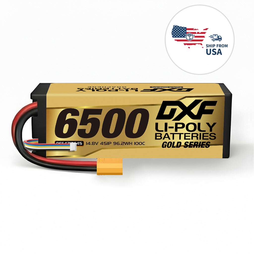 DXF Gold Series 4S 14.8V 6500mAh 100C Graphene Hardcase LiPo Battery with XT90 & 10AWG Wire (1-6 Pack)