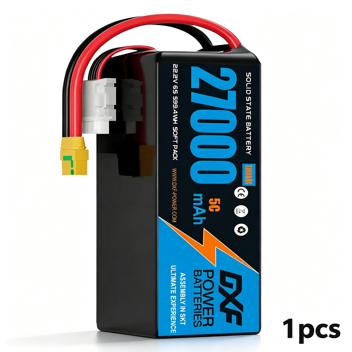 DXF 6S 22.2V 27000mAh 5C Soft Case LiPo Battery with 8AWG Wire for Toy Cars, Boats, UAVs & Drones (1-6 Pack)