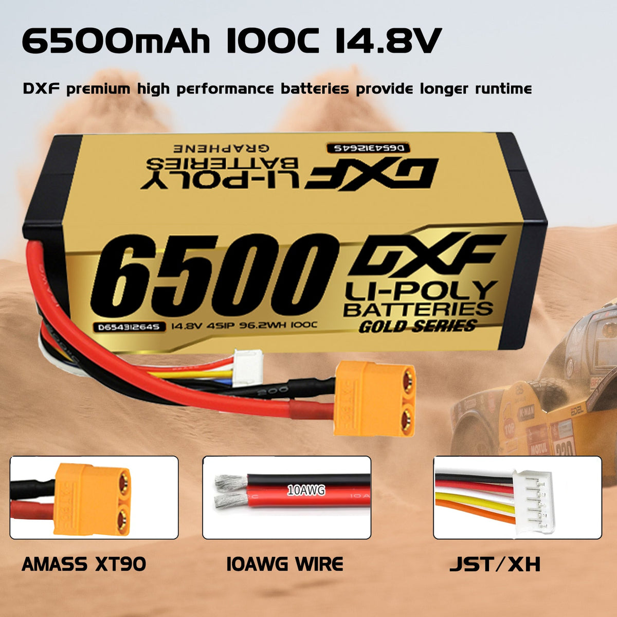 DXF LiPo Battery 4S 14.8V 6500mAh 100C Graphene Hardcase Gold with EC5 / T / TRX / XT60 / XT90 / XT150 / Q8s Plug for RC 1/8 1/10 Buggy Truck Car Off-Road Drone