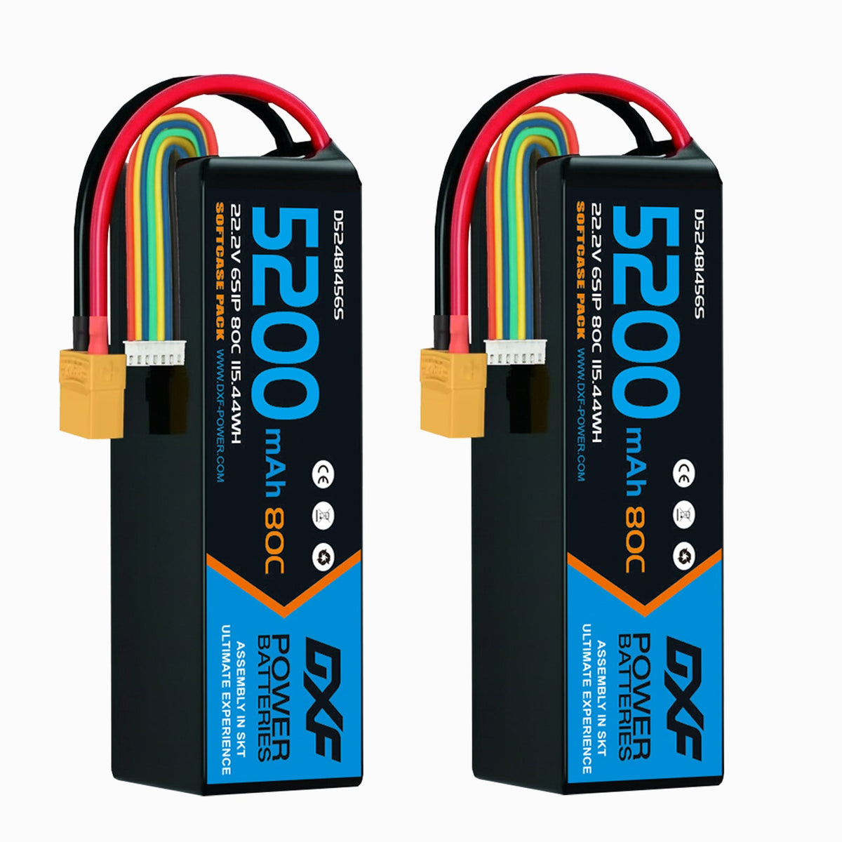 DXF 6S 22.2V 5200mAh 80C Softcase LiPo Battery with XT90 & 10AWG Wire for 1/8 RC Cars (1-6 Pack)