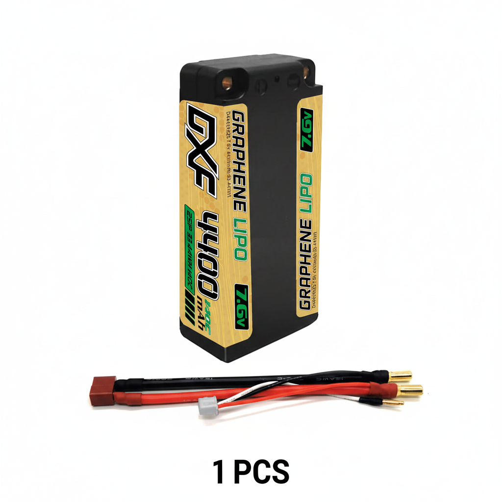DXF 2S Shorty 7.6V 4400mAh 140C Graphene Hardcase LiPo Battery with 5mm Bullet to Deans Plug for 1/10 RC Buggies, Touring Cars & Trucks (1-6 Pack Available)
