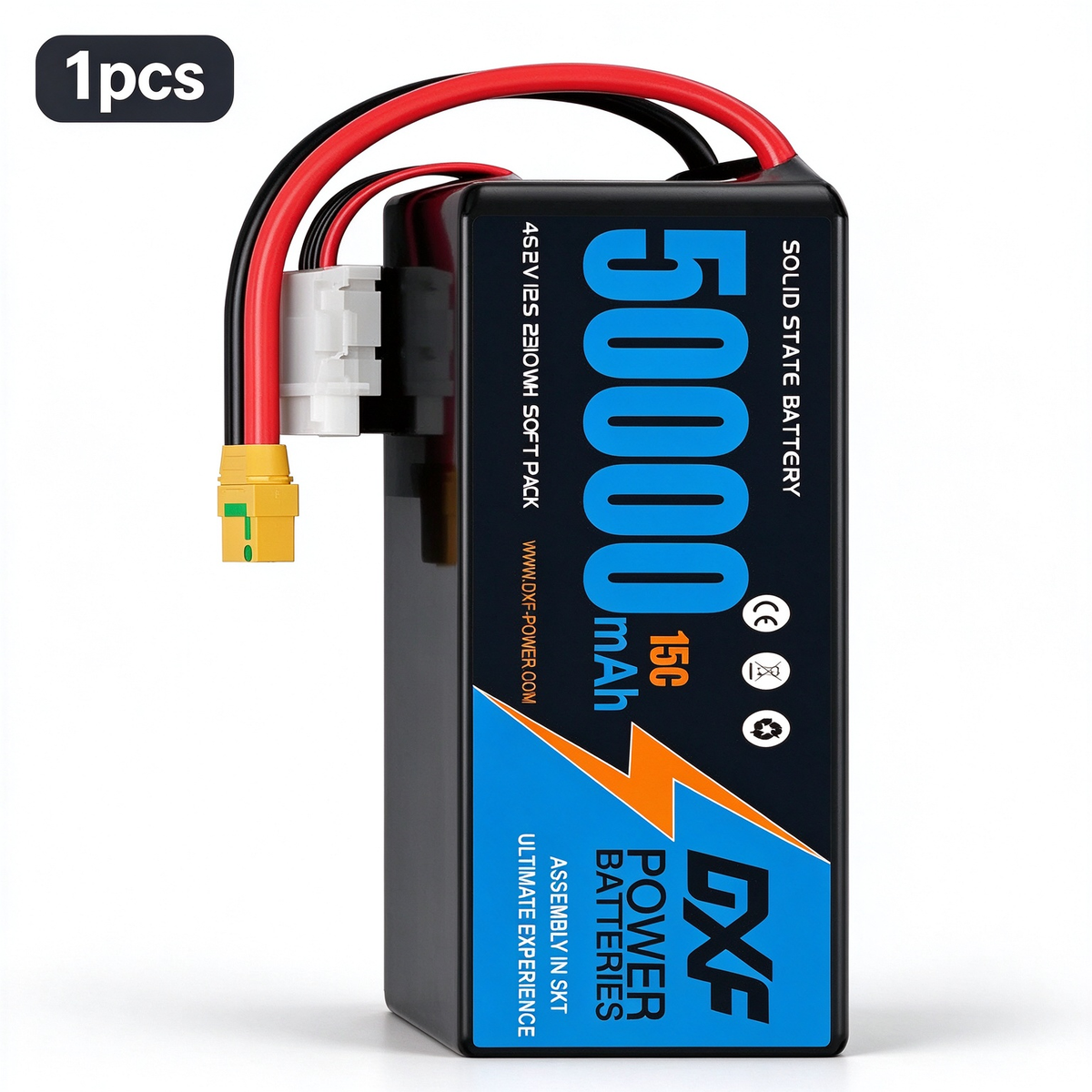 DXF SEMI-SOLID 12S 46.2V 50000mAh 15C Soft Case LiPo Battery with 8AWG Wire for Toy Cars, Boats, UAVs & Drones (1-6 Pack)