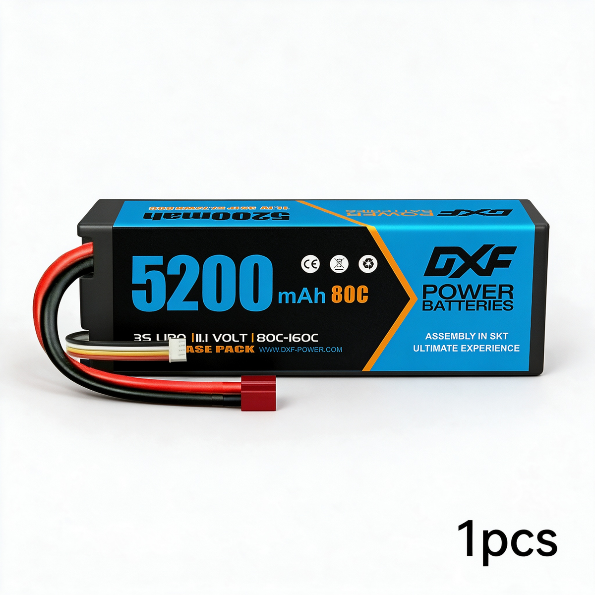 DXF BLUE Series 3S 11.1V 5200mAh 80C Hardcase LiPo with Deans/T-Plug & 10AWG Wire for Toy Cars, Boats, Aircraft & FPV Drones (1-6 Pack)
