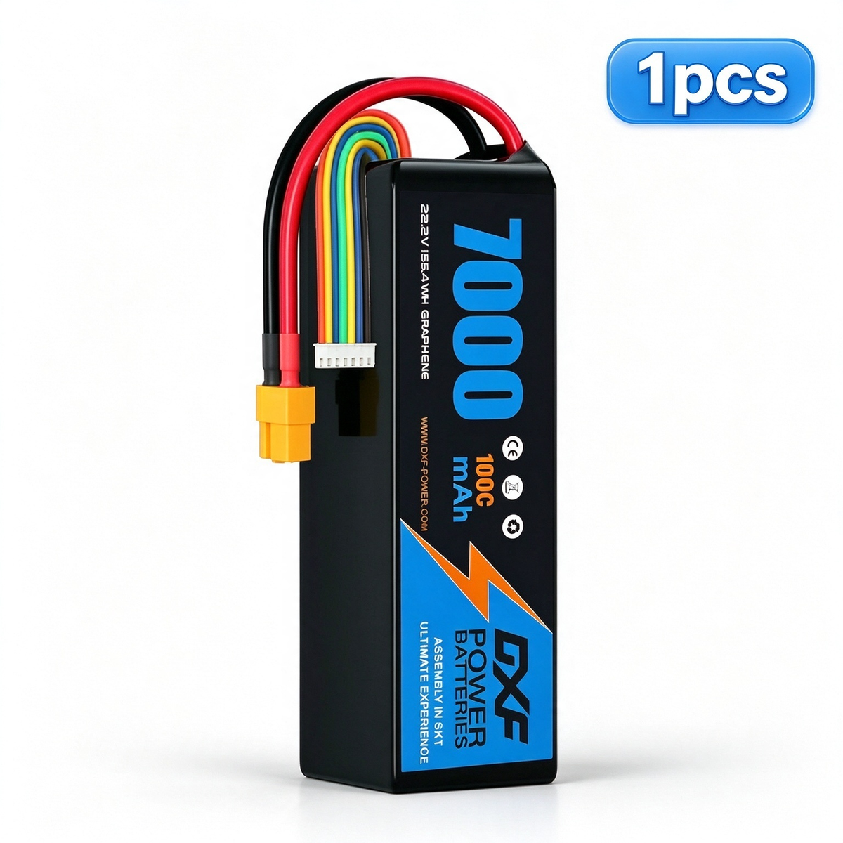 DXF 6S 22.2V 7000mAh 100C Softcase LiPo Battery with XT60 & 10AWG Wire for 1/8 RC Cars (1-6 Pack)