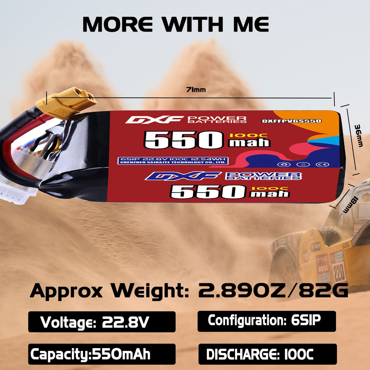 DXF 6S 22.8V 550mAh 100C LiPo Battery for FPV Micro Drones (PH2.0 / JST / XT30 / SM / XT60 / EC5 / XT90 Options)