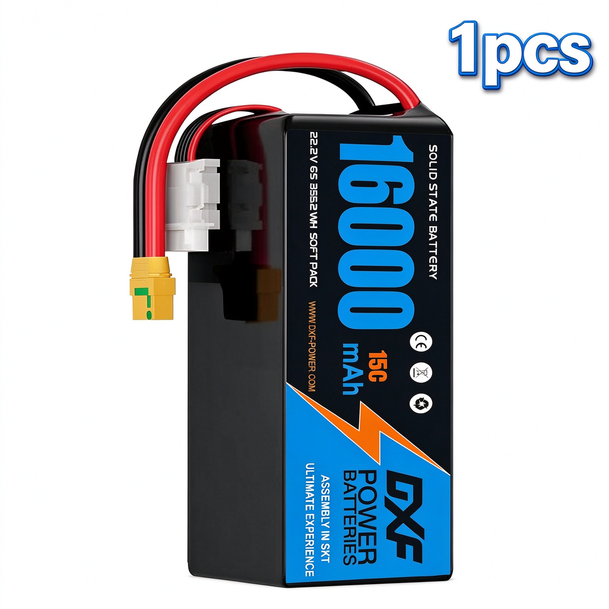 DXF 6S 22.2V 16000mAh 15C Soft Case LiPo Battery with 8AWG Wire for Toy Cars, Boats, UAVs & Drones (1-6 Pack)