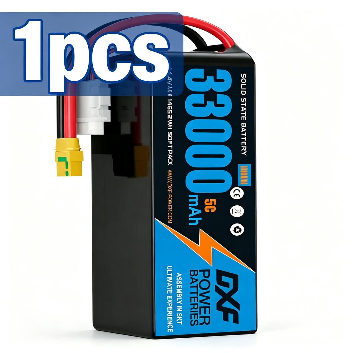 DXF SEMI-SOLID 12S 44.4V 33000mAh 5C Soft Case LiPo Battery with 8AWG Wire for Toy Cars, Boats, UAVs & Drones (1-6 Pack)