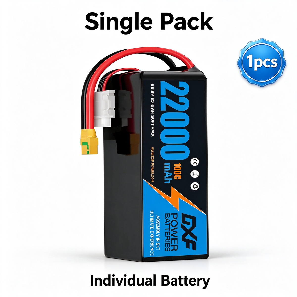 DXF 6S 22.8V 22000mAh 100C Soft Case LiPo Battery with 8AWG Wire for Toy Cars, Boats, UAVs & Drones (1-6 Pack)