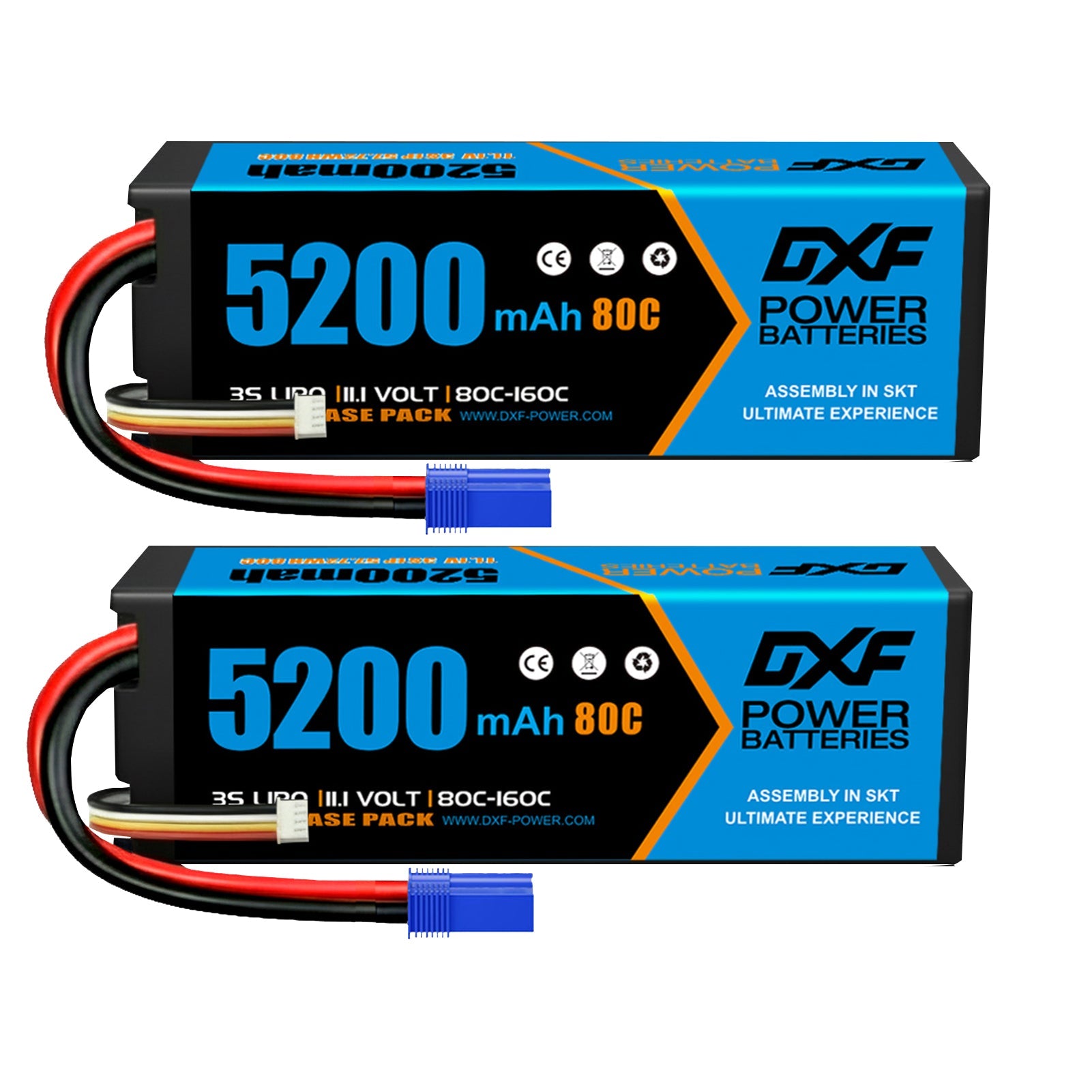DXF 3S 11.1V 5200mAh 80C Hardcase LiPo Battery with EC5 & 10AWG Wire for Toy Cars, RC Boats, Aircraft Models & FPV Drones (1-6 Pack)