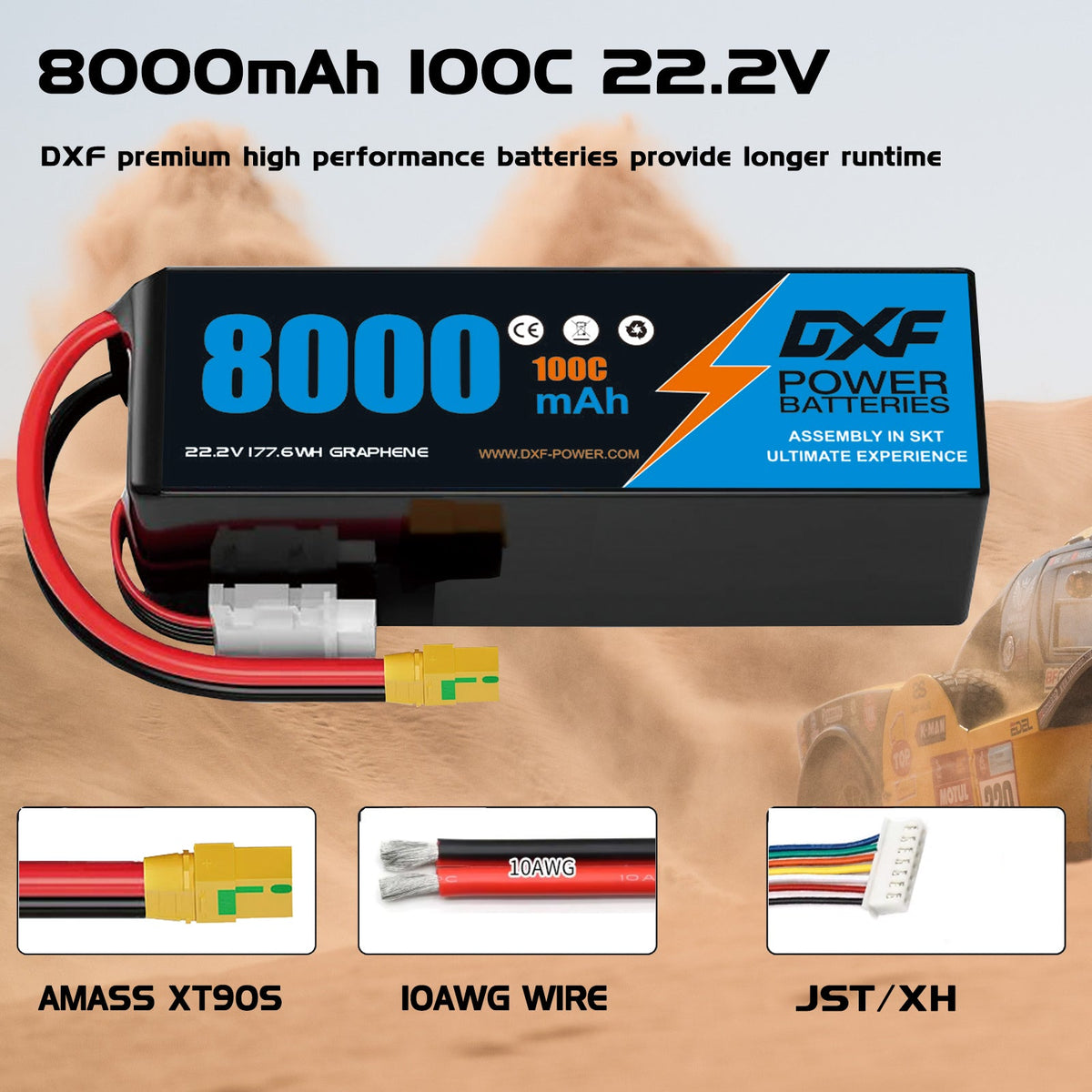 DXF 6S 22.2V 8000mAh 100C Soft Case LiPo Battery with 10AWG Wire for RC Cars, Trucks, Boats & Drones (1-6 Pack)
