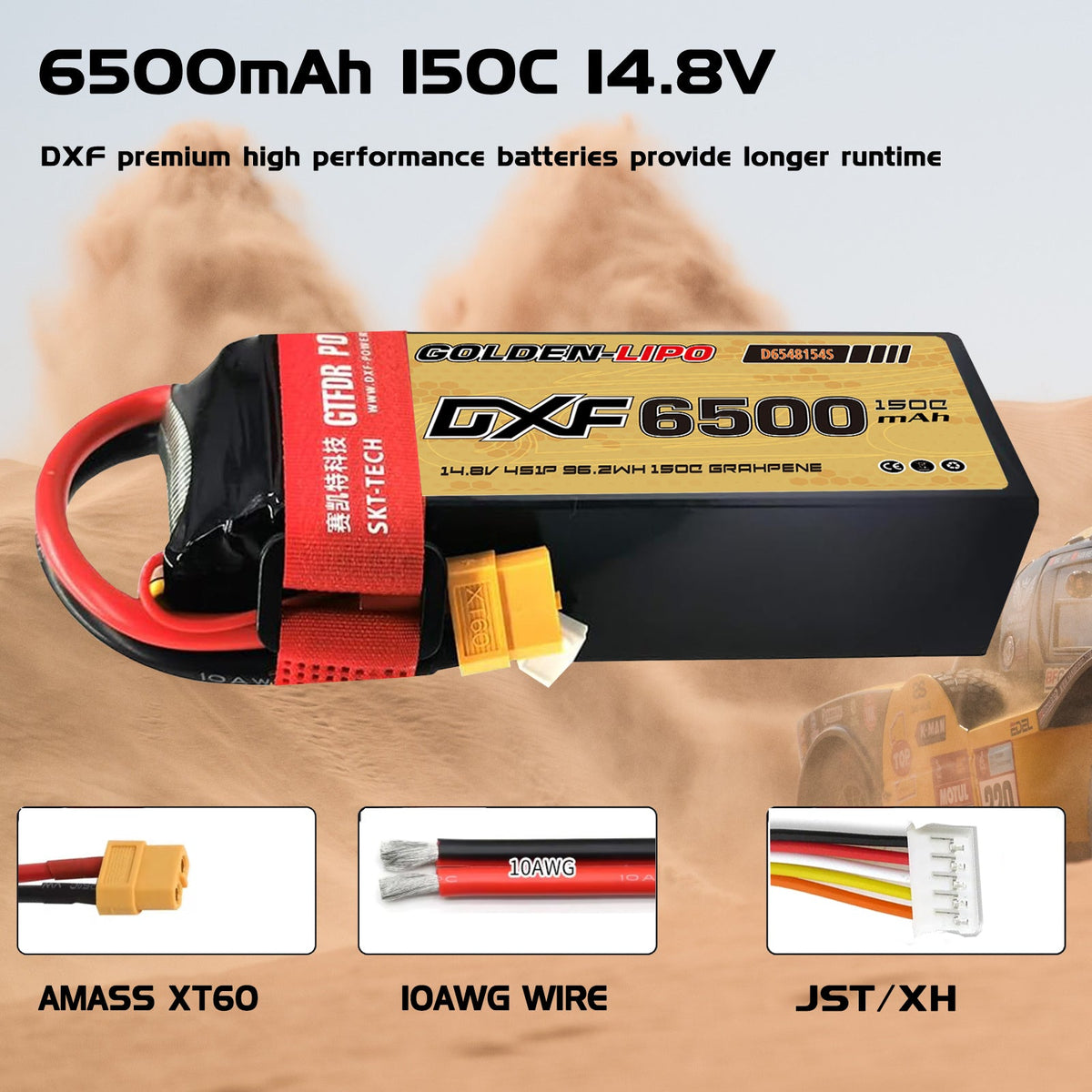 DXF Lipo Battery 4S 14.8V 6500mAh 150C Graphene Softcase with EC5 / T / TRX / XT60 / XT90 / XT150 / Q8s Plug for RC 1/8 1/10 Buggy Truck Car Off-Road Drone