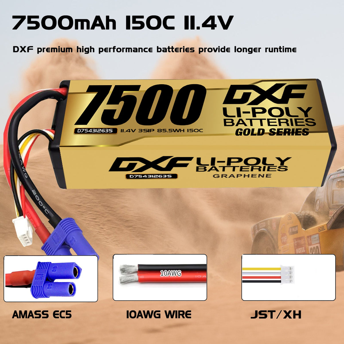 DXF LiPo Battery 3S HV 11.4V 7500mAh 150C Graphene Hardcase Gold with EC5 / T / TRX / XT60 / XT90 / XT150 / Q8s Plug for RC 1/8 1/10 Buggy Truck Car Off-Road Drone