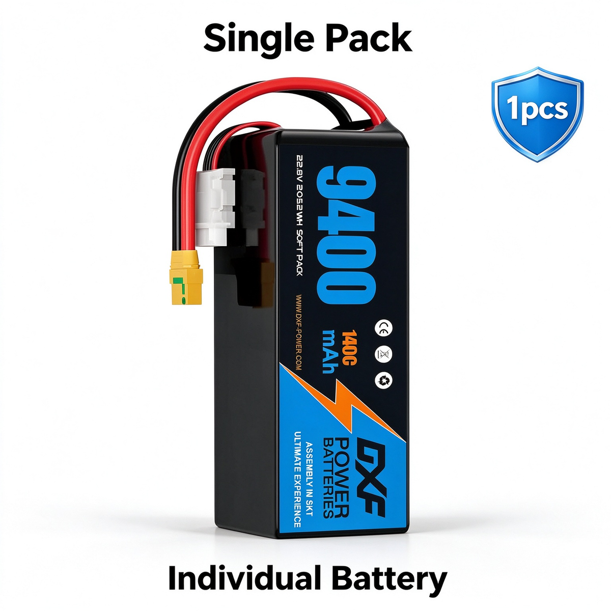 DXF 6S 22.8V 9400mAh 100C Soft Case LiPo Battery with 10AWG Wire for Toy Cars, Boats, UAVs & Drones (1-6 Pack)