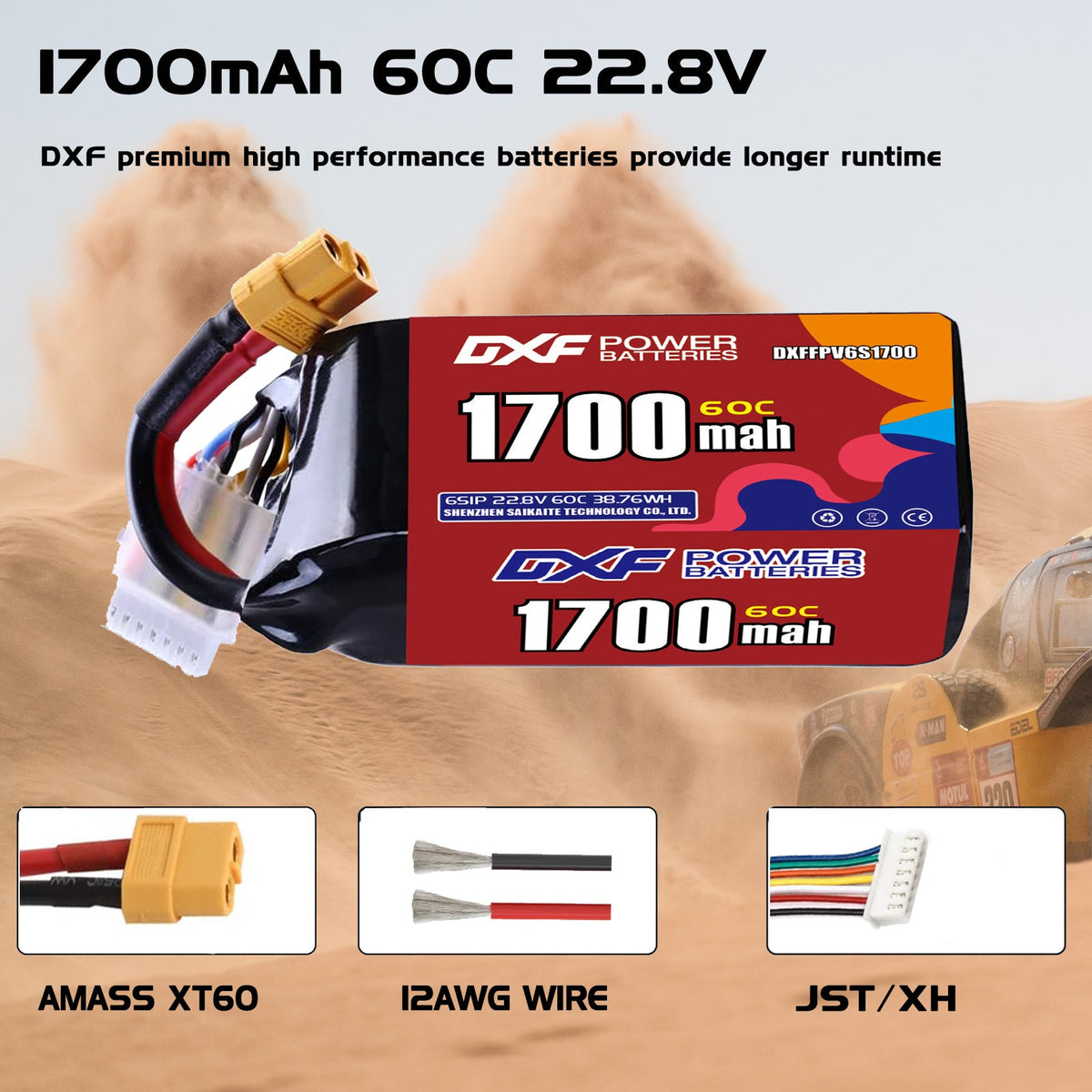 DXF LiPo Battery 6S HV 22.8V 1700mAh 60C with PH2.0 / JST / XT30 / SM / XT60 / EC5 / XT90 for FPV Drone Whoop Micro Racing