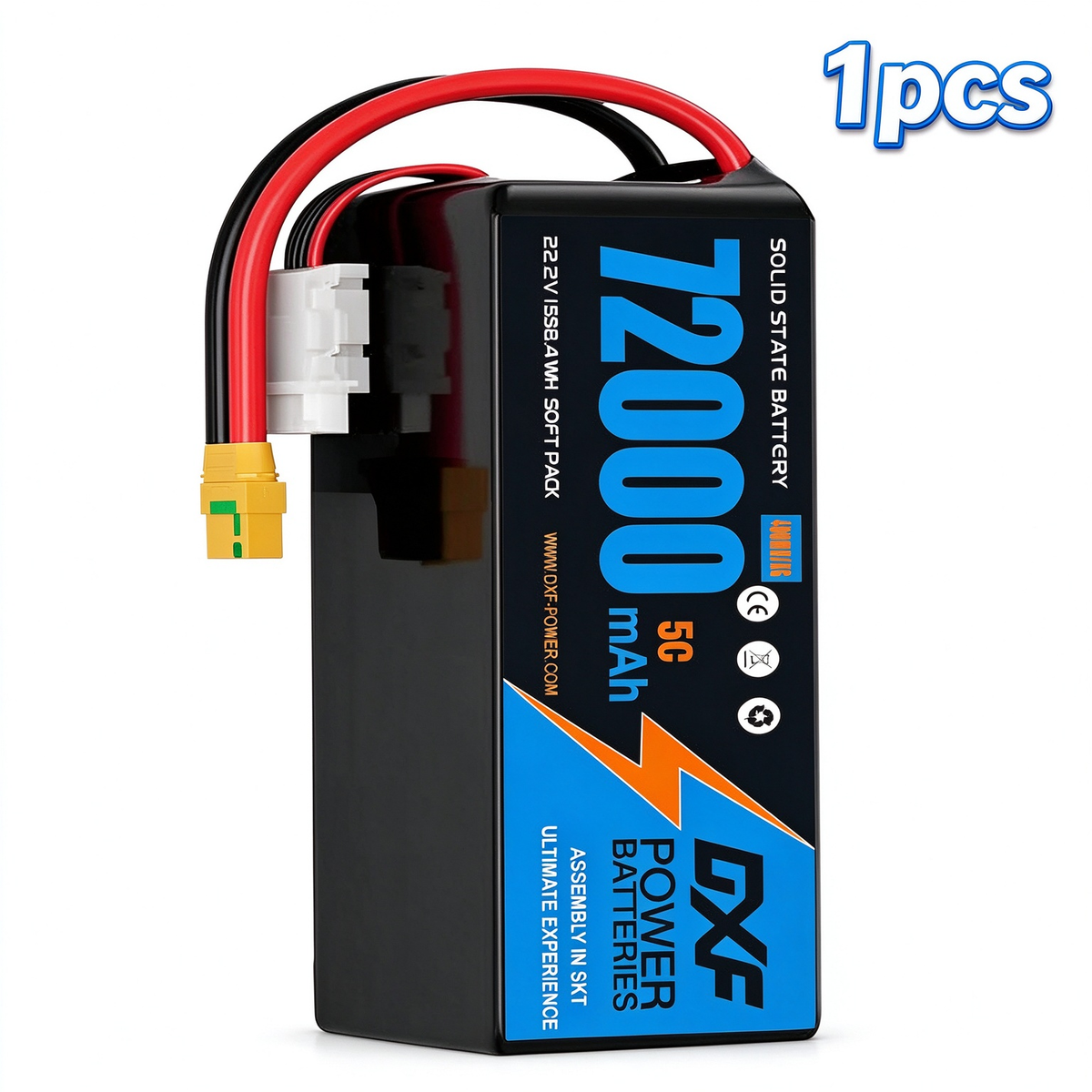 DXF 6S 22.2V 72000mAh 5C Soft Case LiPo Battery with 8AWG Wire for Toy Cars, Boats, UAVs & Drones (1-6 Pack)