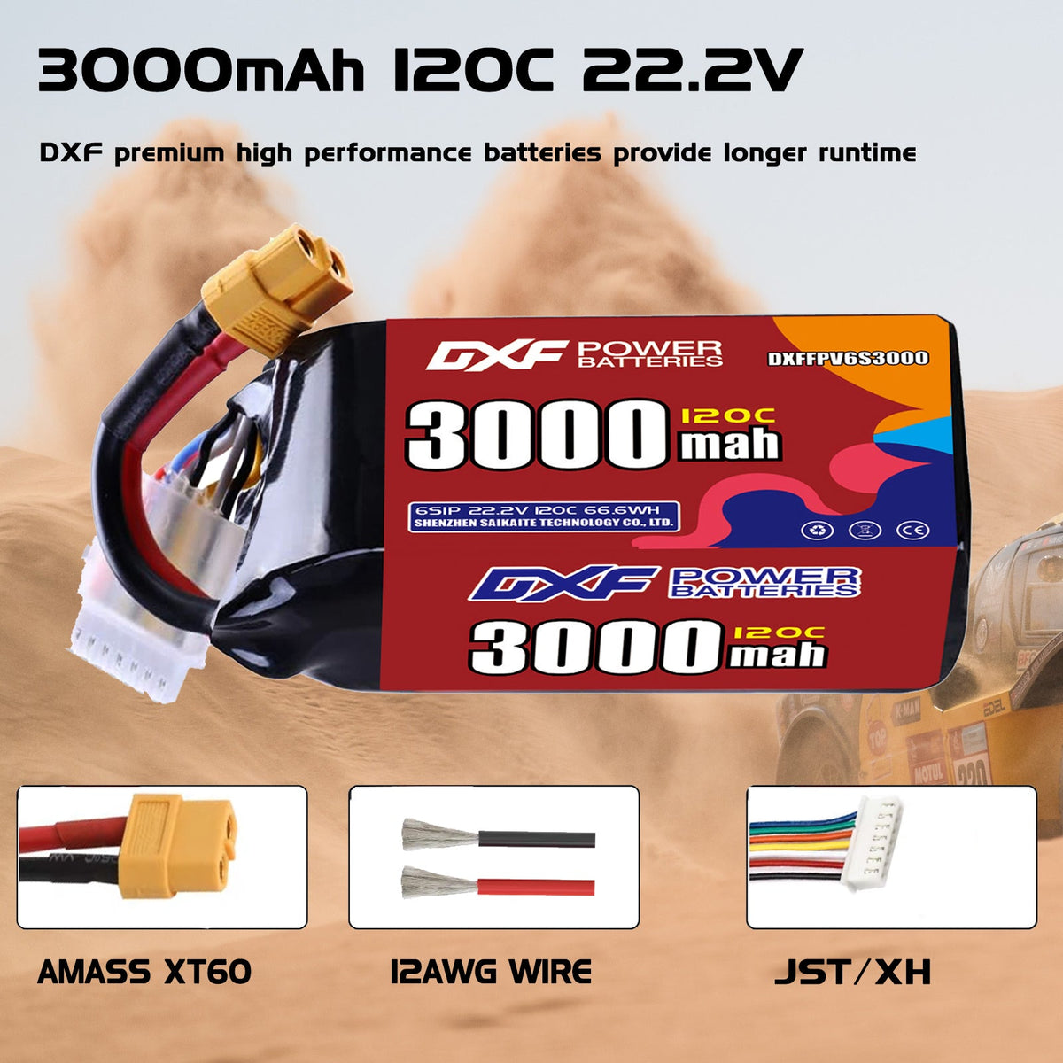 DXF 6S 22.2V 3000mAh 120C LiPo Battery for FPV Micro Drones (PH2.0 / JST / XT30 / SM / XT60 / EC5 / XT90 Options)