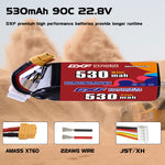 DXF 6S 22.8V 530mAh 90C LiPo Battery for FPV Micro Drones (PH2.0 / JST / XT30 / SM / XT60 / EC5 / XT90 Options)