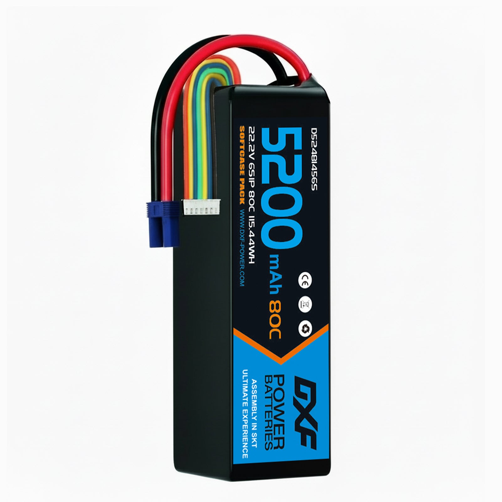 DXF 6S 22.2V 5200mAh 80C Graphene Softcase LiPo Battery with EC5 & 10AWG Wire (1-6 Pack)