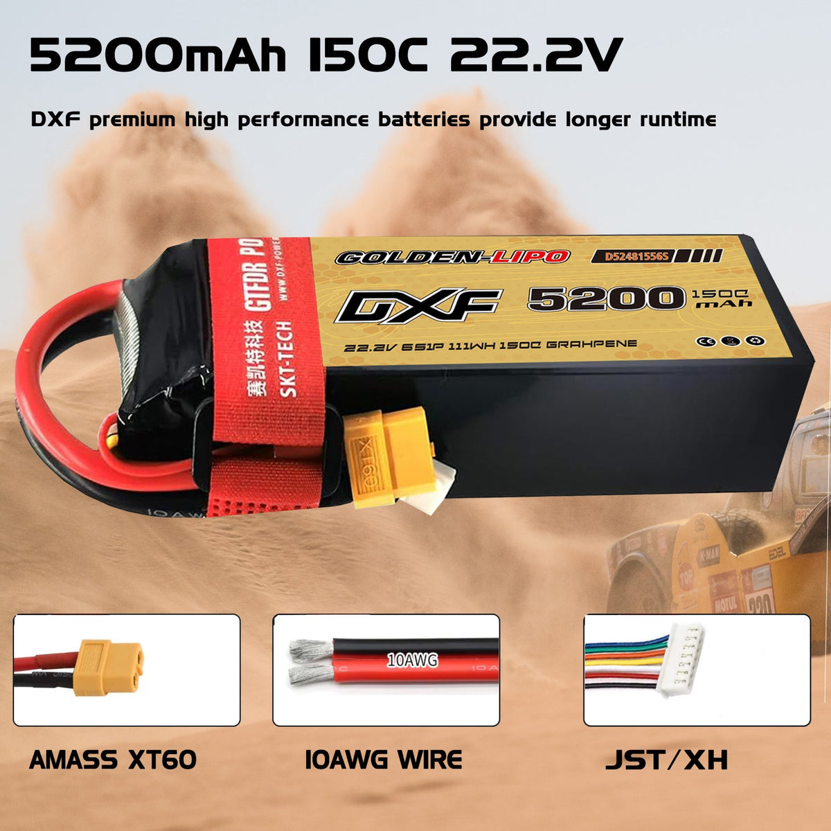 DXF Lipo Battery 6S 22.2V 5200mAh 150C Graphene Softcase with EC5 / T / TRX / XT60 / XT90 / XT150 / Q8s Plug for RC 1/8 1/10 Buggy Truck Car Off-Road Drone