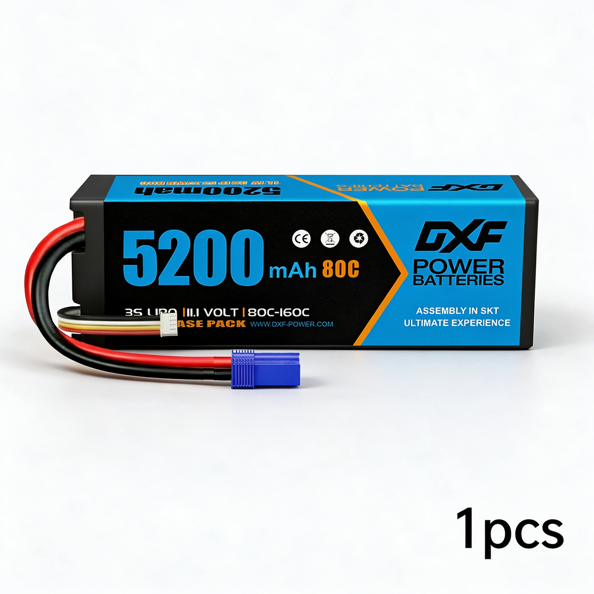 DXF 3S 11.1V 5200mAh 80C Hardcase LiPo Battery with EC5 & 10AWG Wire for Toy Cars, RC Boats, Aircraft Models & FPV Drones (1-6 Pack)