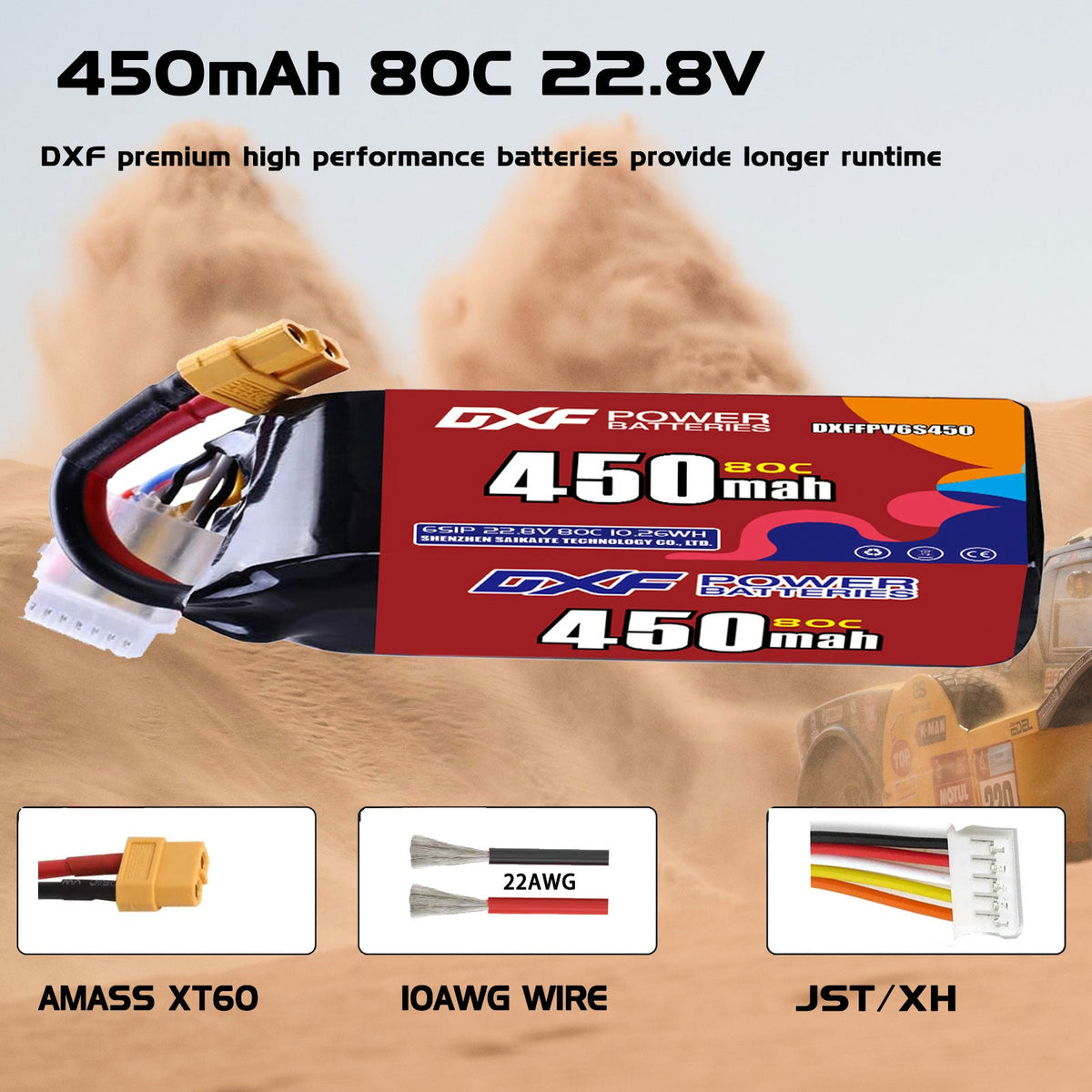 DXF LiPo Battery 6S HV 22.8V 450mAh 80C with PH2.0 / JST / XT30 / SM / XT60 / EC5 / XT90 for FPV Drone Whoop Micro Racing