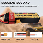 DXF Lipo Battery 2S 7.4V 8500mAh 150C Graphene Softcase with EC5 / T / TRX / XT60 / XT90 / XT150 / Q8s Plug for RC 1/8 1/10 Buggy Truck Car Off-Road Drone