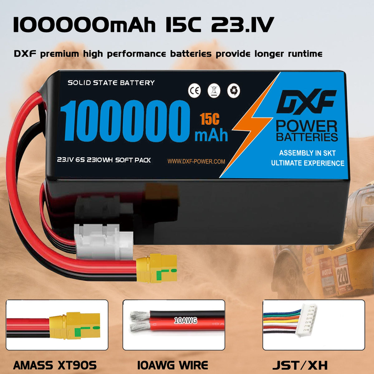 DXF 6S 23.1V 100000mAh 15C Soft Case LiHV Battery with 8AWG Wire for Toy Cars, Boats, UAVs & Drones (1-6 Pack)