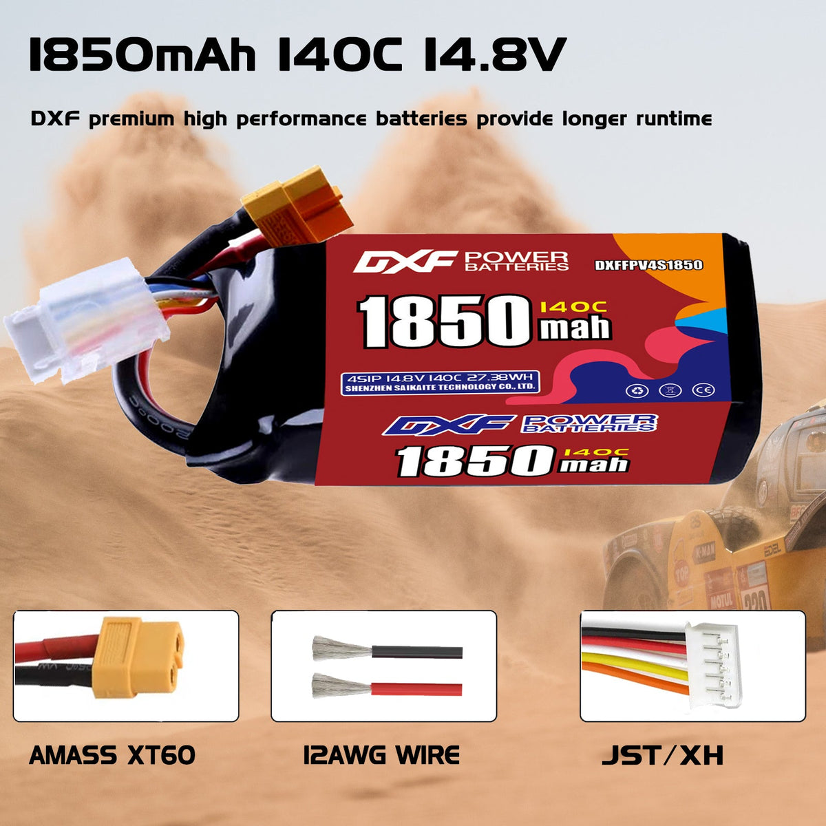 DXF 4S 14.8V 1850mAh 140C LiPo Battery for FPV Micro Drones (PH2.0 / JST / XT30 / SM / XT60 / EC5 / XT90 Options)