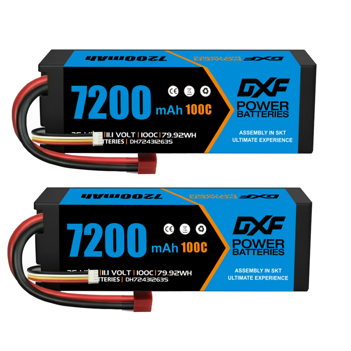 DXF BLUE Series 3S 11.1V 7200mAh 100C Graphene Hardcase LiPo Battery with Deans/T-Plug & 10AWG Wire (1-6 Pack)