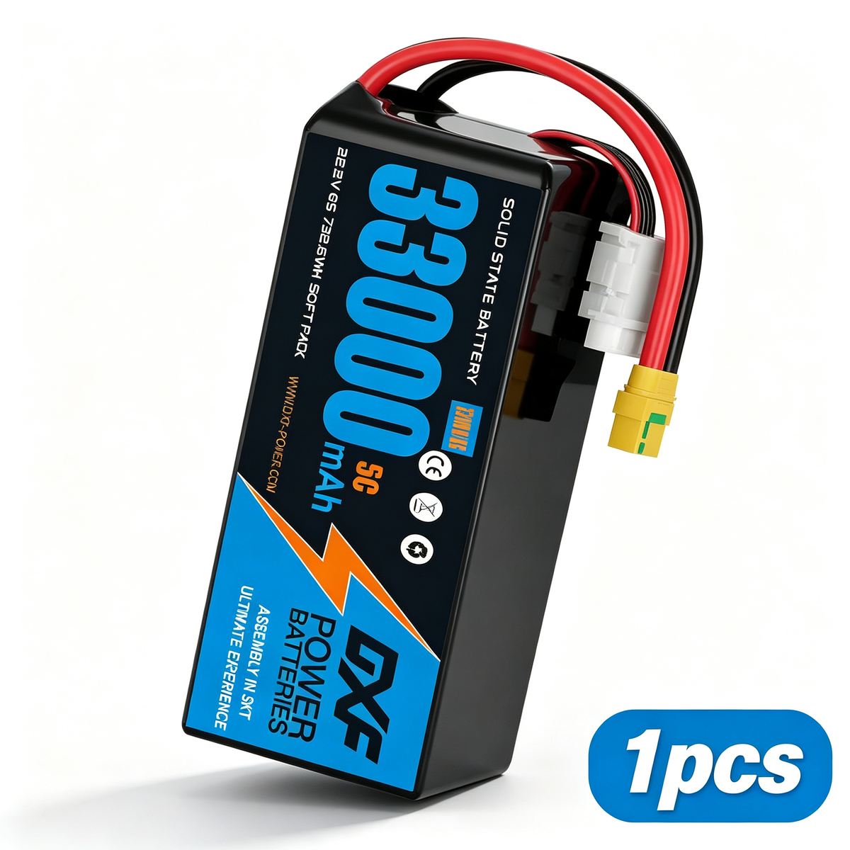 DXF 6S 22.2V 33000mAh 5C Soft Case LiPo Battery with 8AWG Wire for Toy Cars, Boats, UAVs & Drones (1-6 Pack)