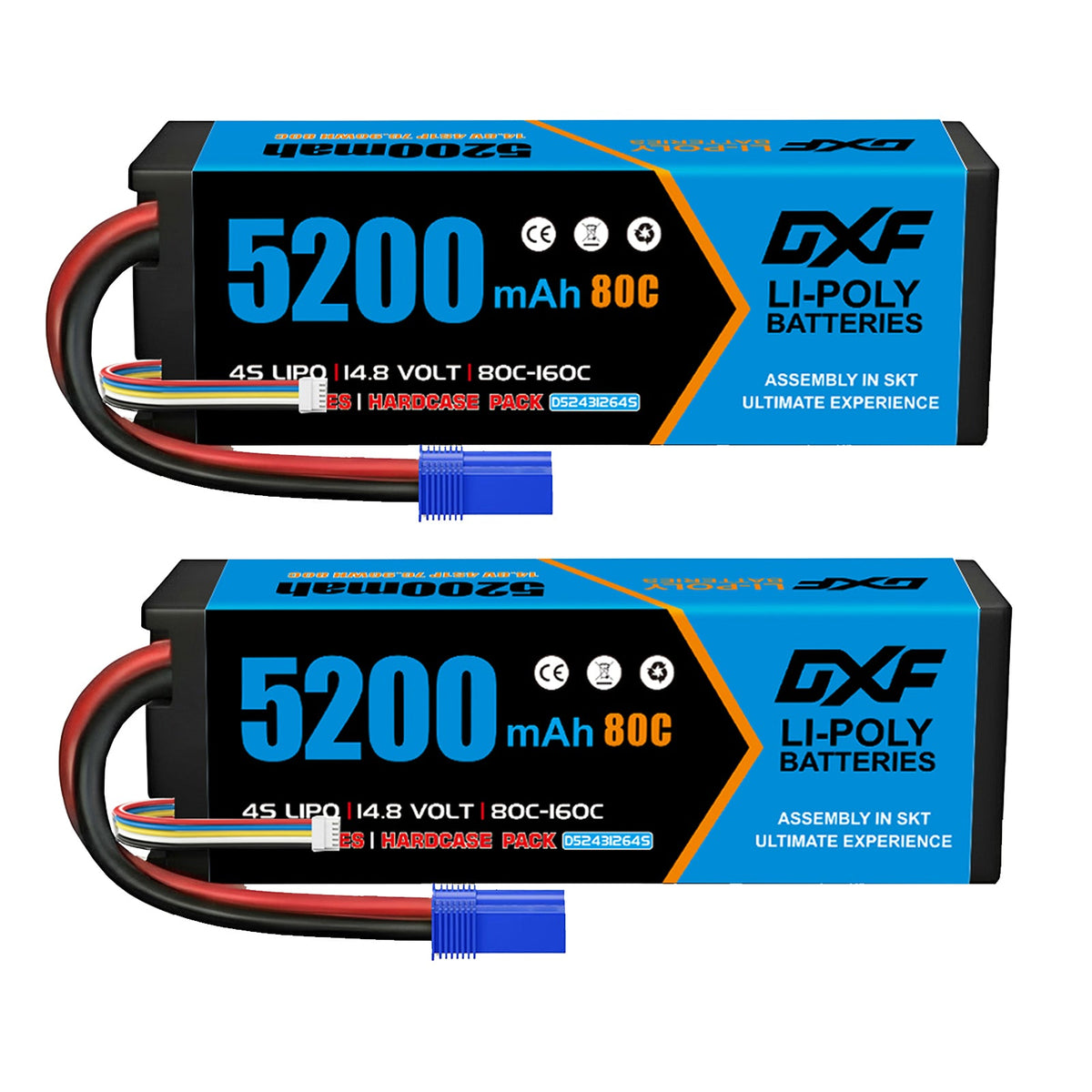 DXF 4S 14.8V 5200mAh 80C BLUE Series Graphene LiPo Hardcase Battery with 10AWG EC5 Plug for 1/8 1/10 RC Car Truck Boat Drone (1-6 Pack Available)