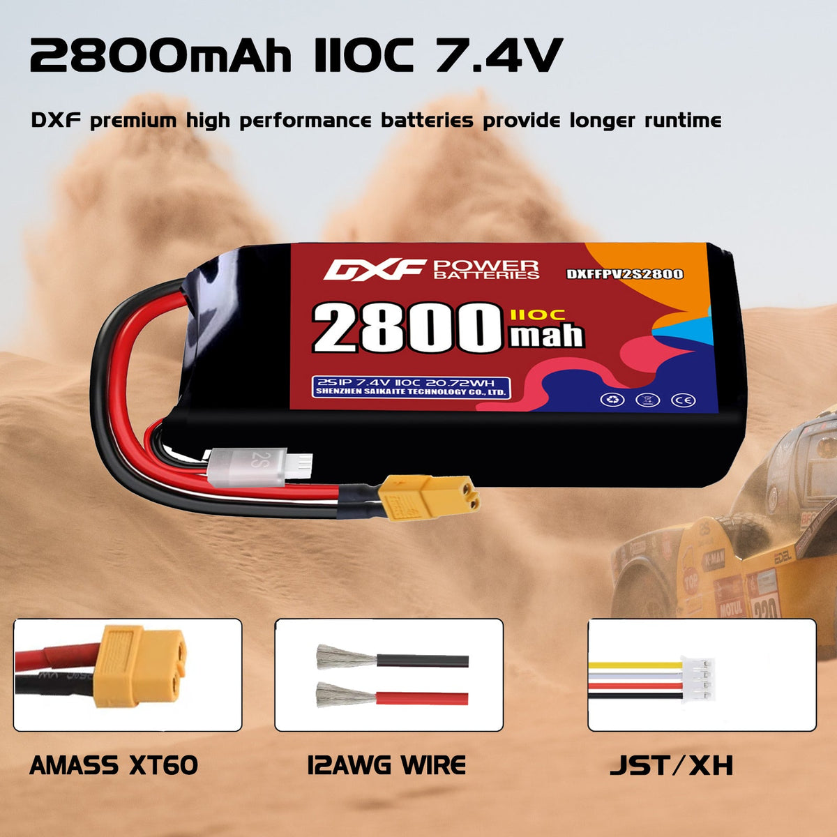 DXF LiPo Battery 2S 7.4V 2800mAh 110C with PH2.0 / JST / XT30 / SM / XT60 / EC5 / XT90 for FPV Drone Whoop Micro Racing
