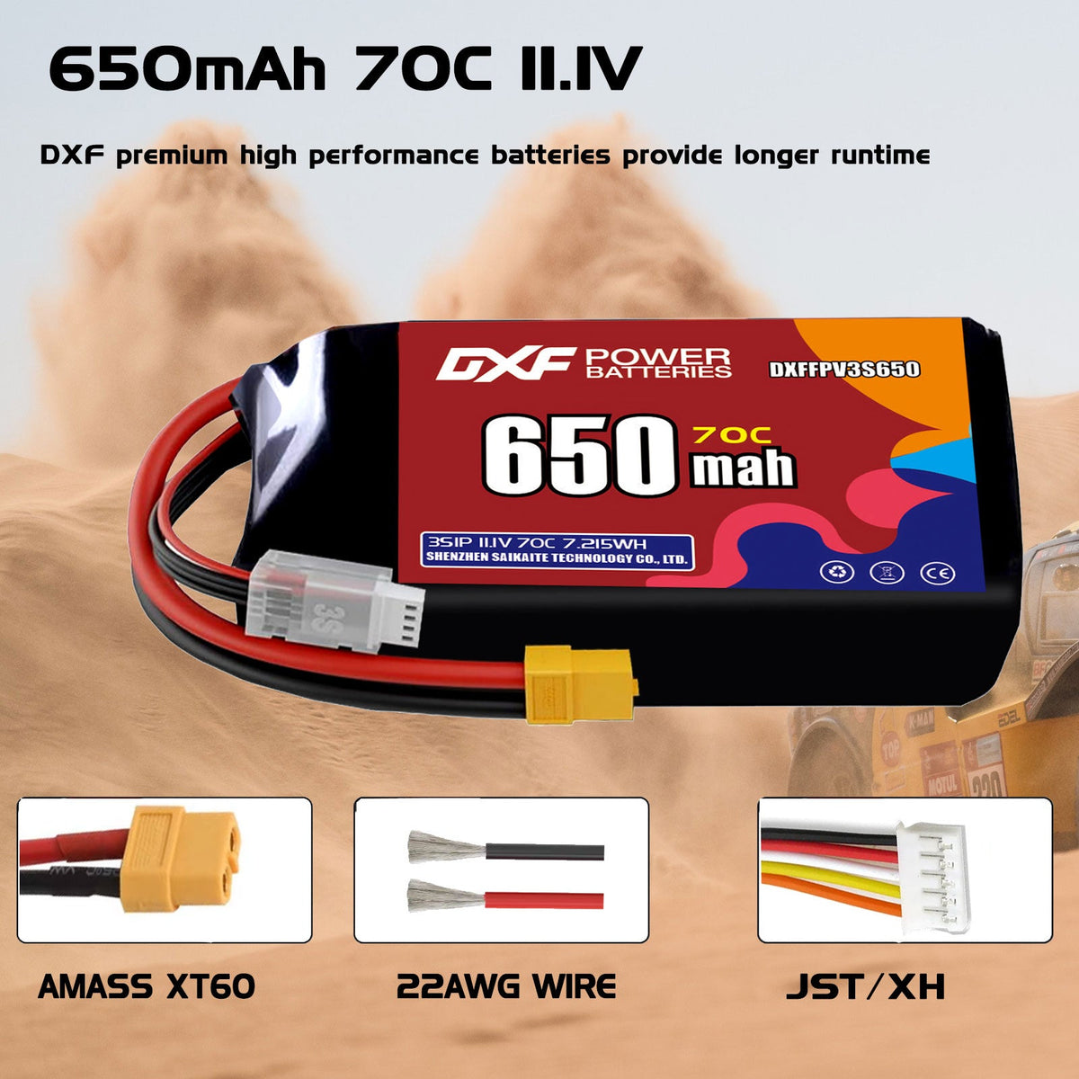 DXF LiPo Battery 3S 11.1V 650mAh 80C with PH2.0 / JST / XT30 / SM / XT60 / EC5 / XT90 for FPV Drone Whoop Micro Racing