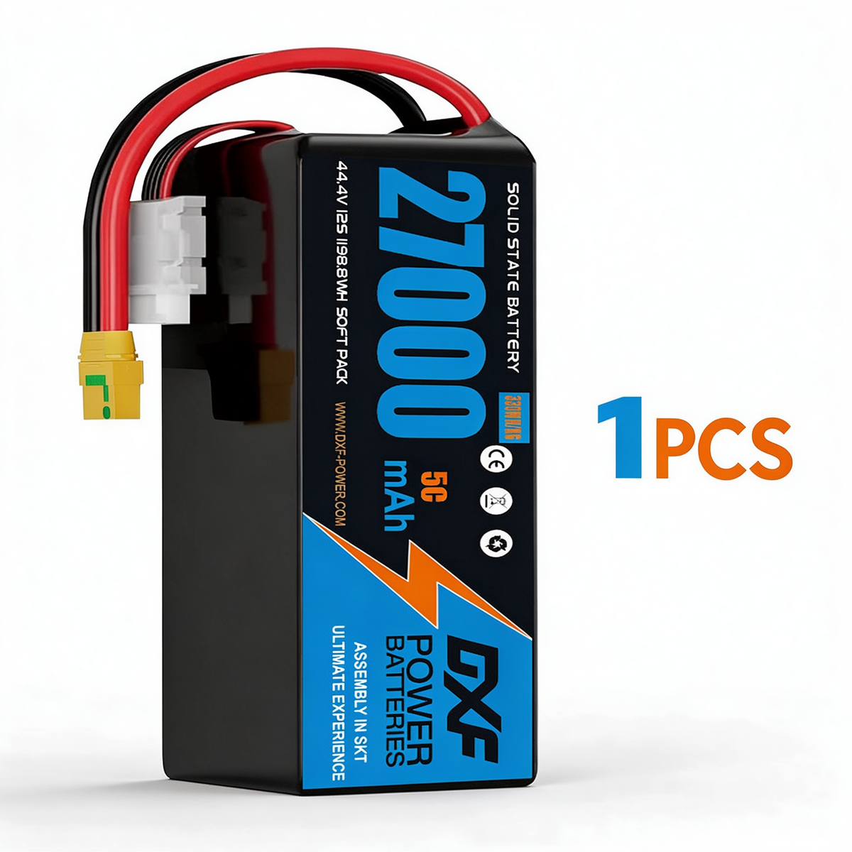 DXF SEMI-SOLID 12S 44.4V 27000mAh 5C Soft Case LiPo Battery with 8AWG Wire for UAVs & Drones (1-6 Pack)