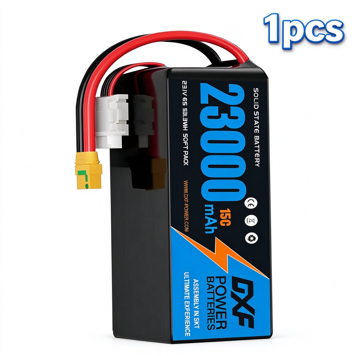 DXF 6S 23.1V 23000mAh 15C Soft Case LiPo Battery with 8AWG Wire for Toy Cars, Boats, UAVs & Drones (1-6 Pack)