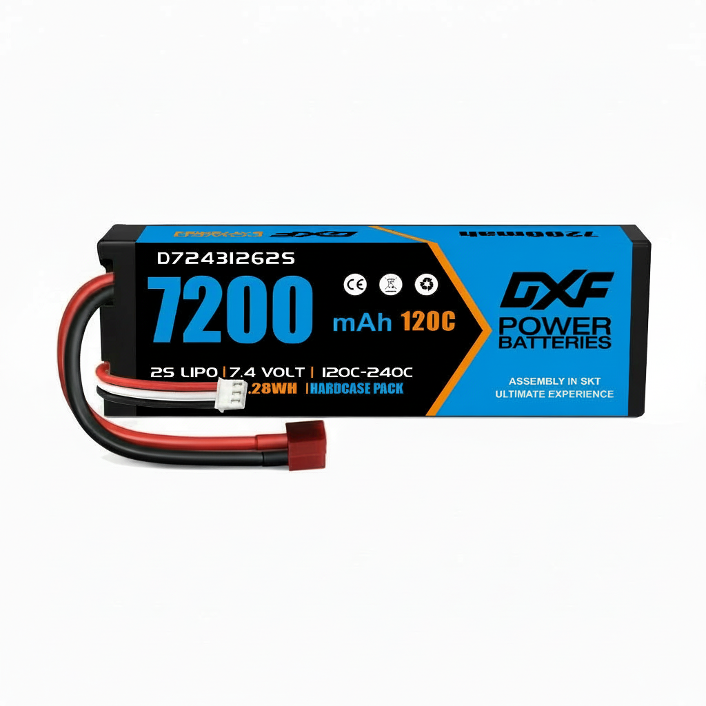 DXF 2S 7.4V 7200mAh 120C Hardcase LiPo Battery with 10AWG Deans for 1/10 1/8 RC Cars, Trucks, Buggies (2 & 4 Pack Available)