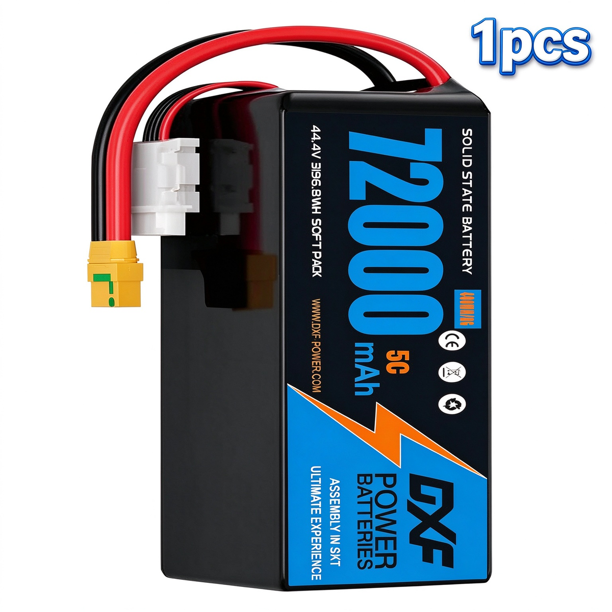 DXF 12S 44.4V 72000mAh 5C Soft Case LiPo Battery with 8AWG Wire for Toy Cars, Boats, UAVs & Drones (1-6 Pack)