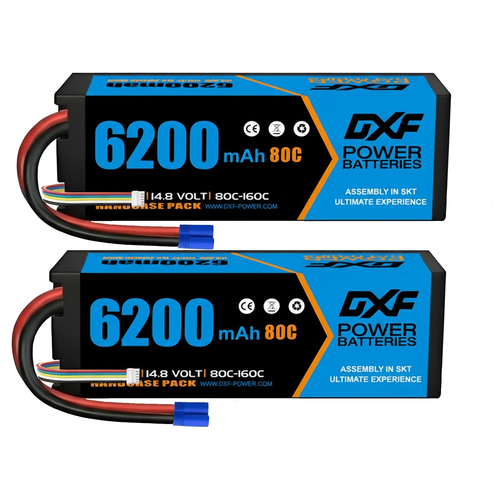 DXF 4S 14.8V 6200mAh 80C Hardcase LiPo Battery with 10AWG EC5 for 1/8 1/10 RC Cars, Trucks, Buggies (1-6 Pack Available)