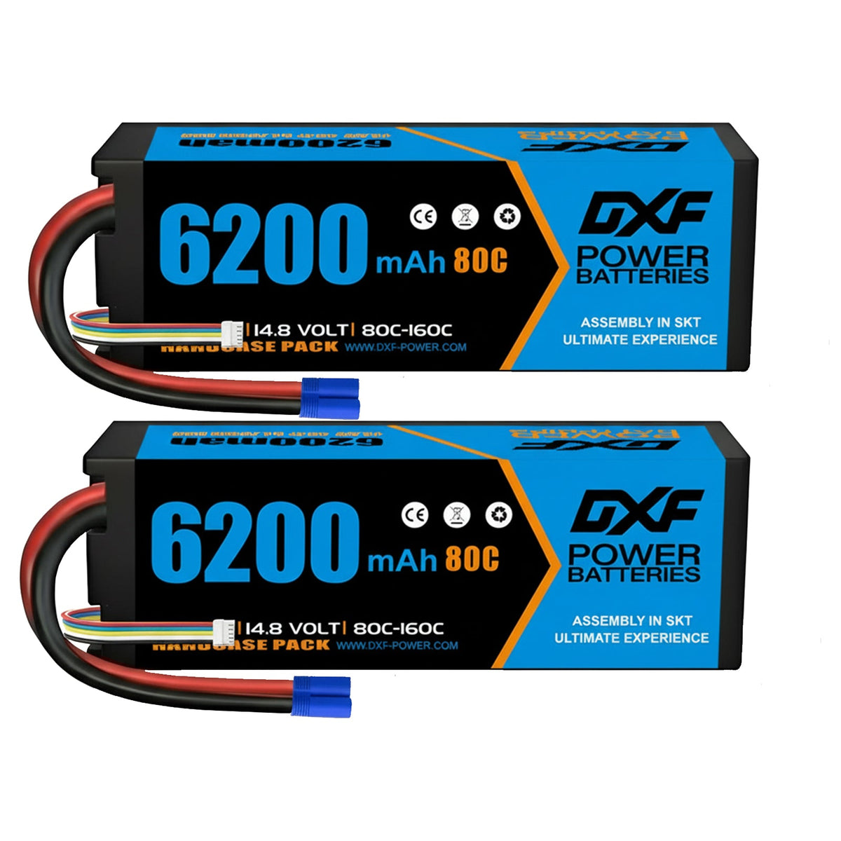 DXF 4S 14.8V 6200mAh 80C Hardcase LiPo Battery with 10AWG EC5 for 1/8 1/10 RC Cars, Trucks, Buggies (1-6 Pack Available)