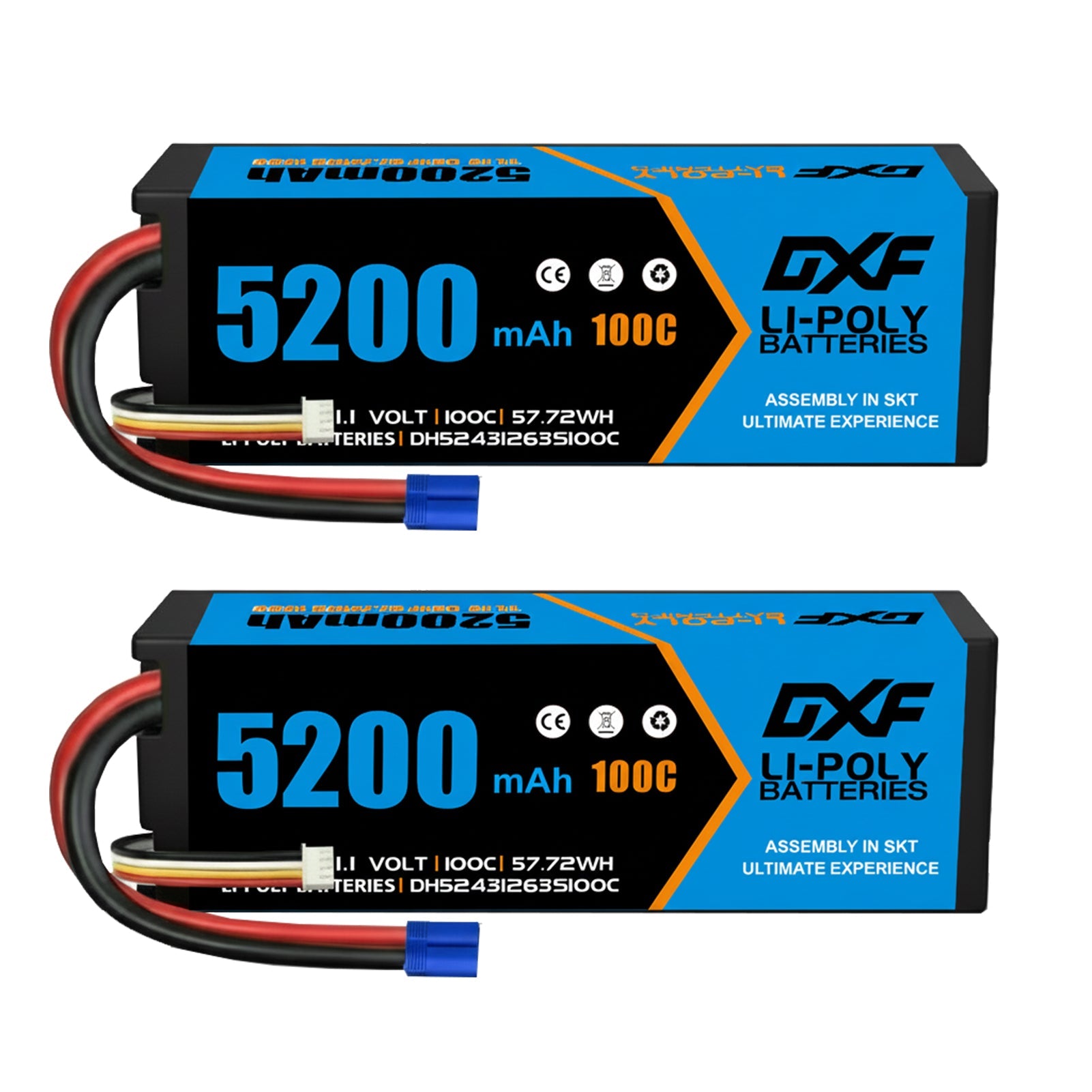 DXF 3S 11.1V 5200mAh 100C Hardcase LiPo Battery with 10AWG EC5 for 1/8 1/10 RC Cars, Trucks, Buggies (1-6 Pack Available)