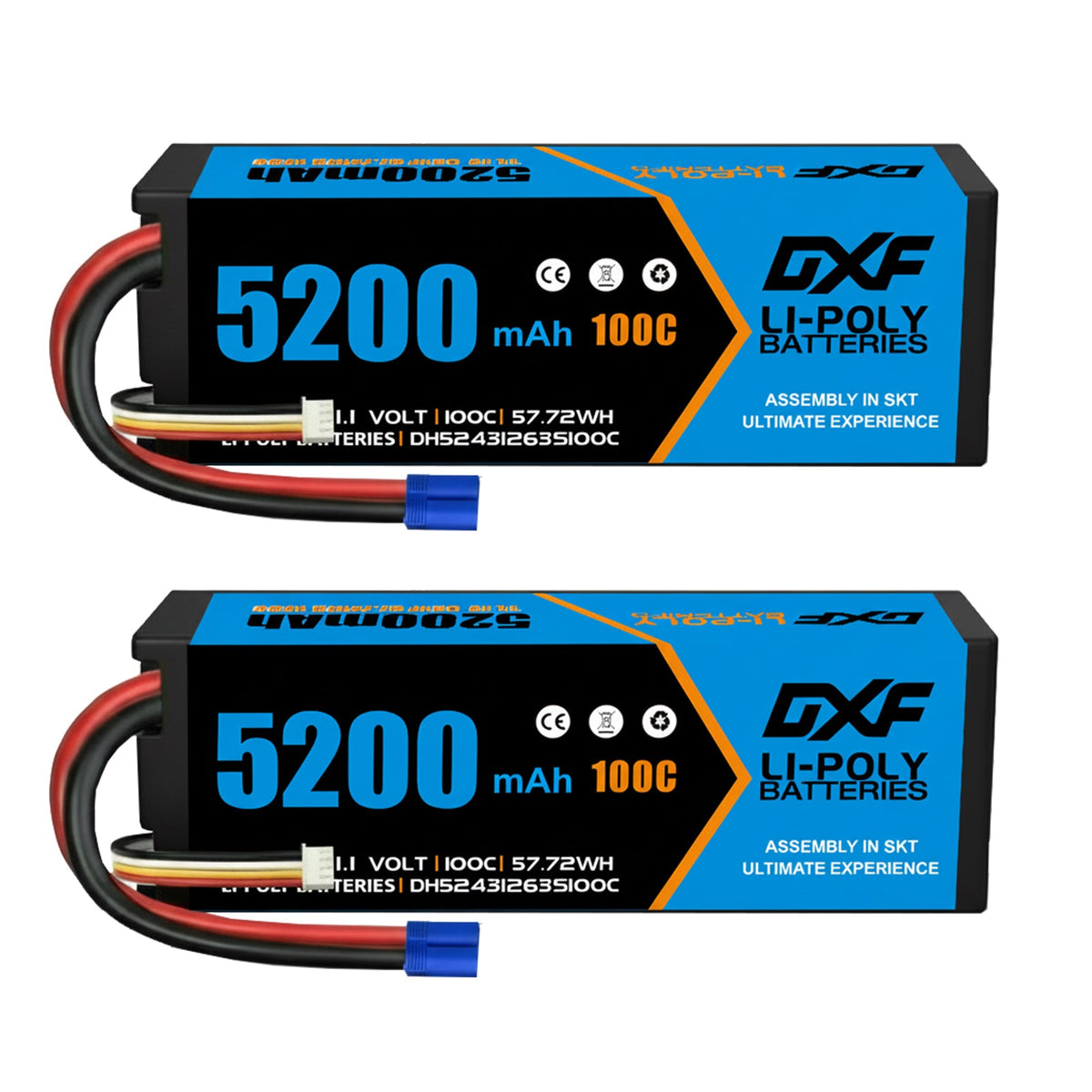 DXF 3S 11.1V 5200mAh 100C Hardcase LiPo Battery with 10AWG EC5 for 1/8 1/10 RC Cars, Trucks, Buggies (1-6 Pack Available)