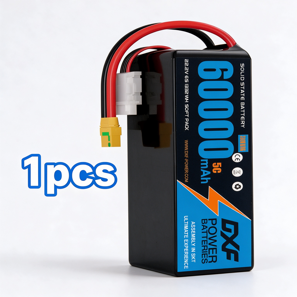 DXF 6S 22.2V 60000mAh 5C Soft Case LiPo Battery with 8AWG Wire for Toy Cars, Boats, UAVs & Drones (1-6 Pack)