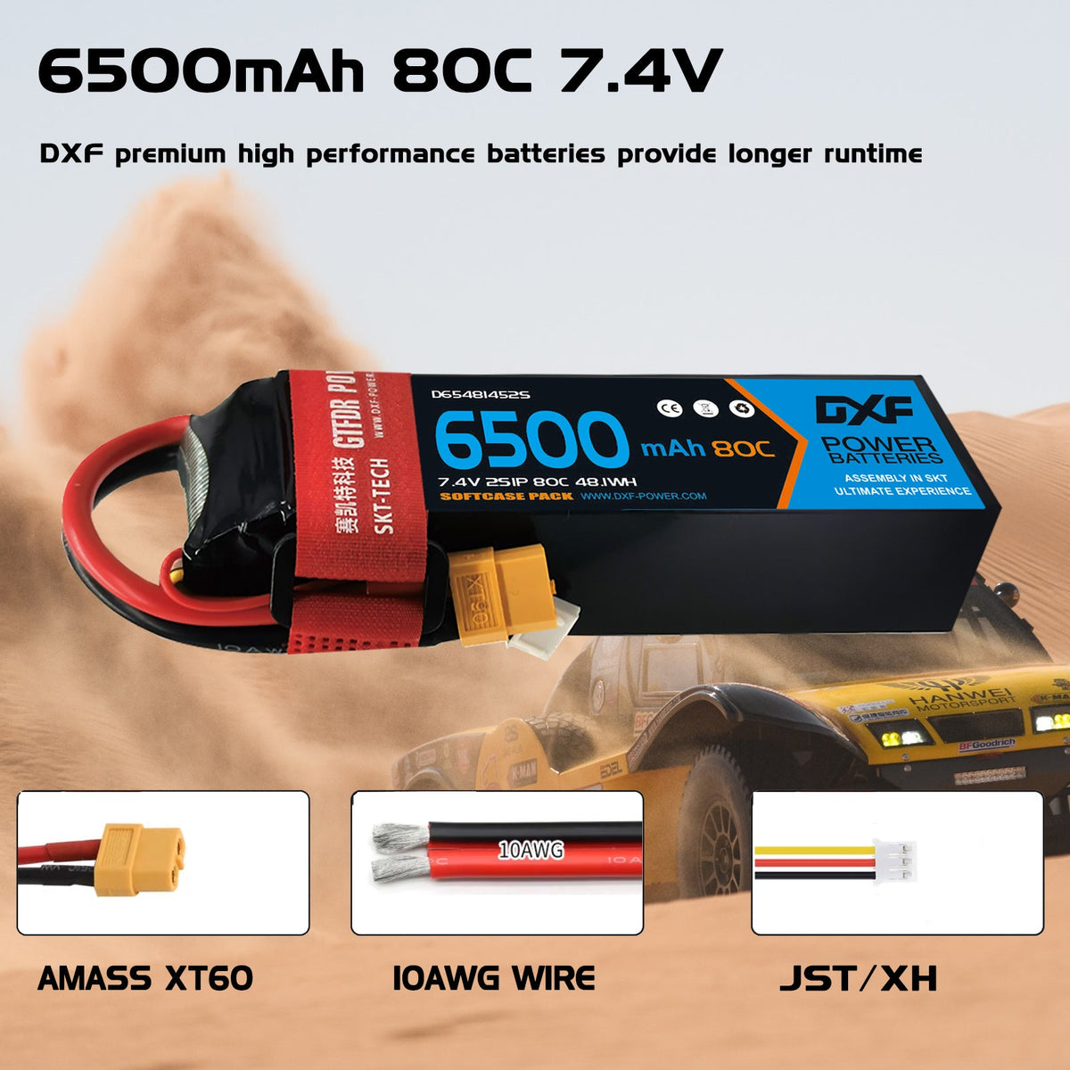 DXF Lipo Battery 2S 7.4V 6500mAh 80C Graphene Softcase with EC5 / T / TRX / XT60 / XT90 / XT150 / Q8s Plug for RC 1/8 1/10 Buggy Truck Car Off-Road Drone