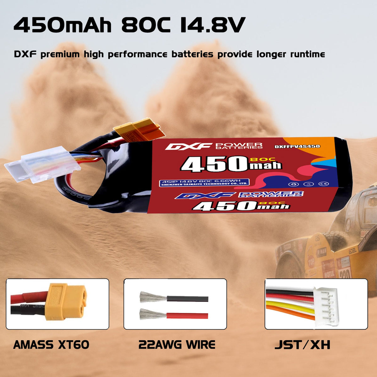 DXF LiPo Battery 4S 14.8V 450mAh 80C with PH2.0 / JST / XT30 / SM / XT60 / EC5 / XT90 for FPV Drone Whoop Micro Racing